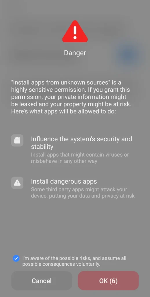 Mengaktifkan izin “Sumber Tidak Dikenal” sebelum instalasi