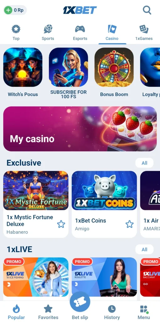 Cara bermain game kasino & slot di aplikasi 1xBet